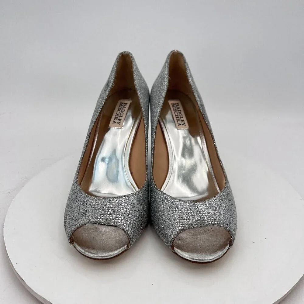 Badgley Mischka Women Size 9 Metallic Silver Glitter Open Toe Wedges Shoes